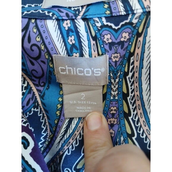 Chicos Women's Tunic Blouse Size 2 L Paisley Blue Purple Button Up Long Sleeve - Picture 14 of 15
